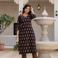 EthniFlair Geometric Printed V-Neck Straight Kurta With Trousers And Dupatta