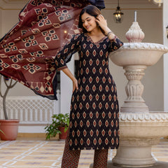 EthniFlair Geometric Printed V-Neck Straight Kurta With Trousers And Dupatta