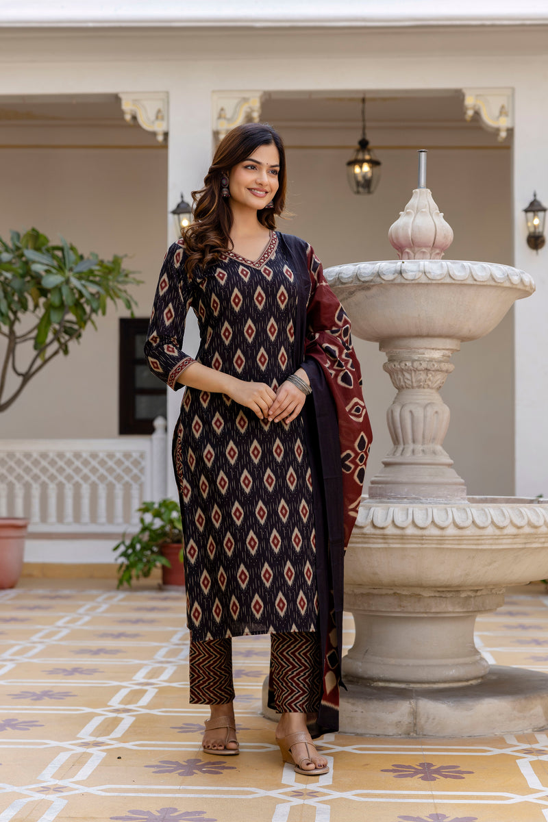 EthniFlair Geometric Printed V-Neck Straight Kurta With Trousers And Dupatta
