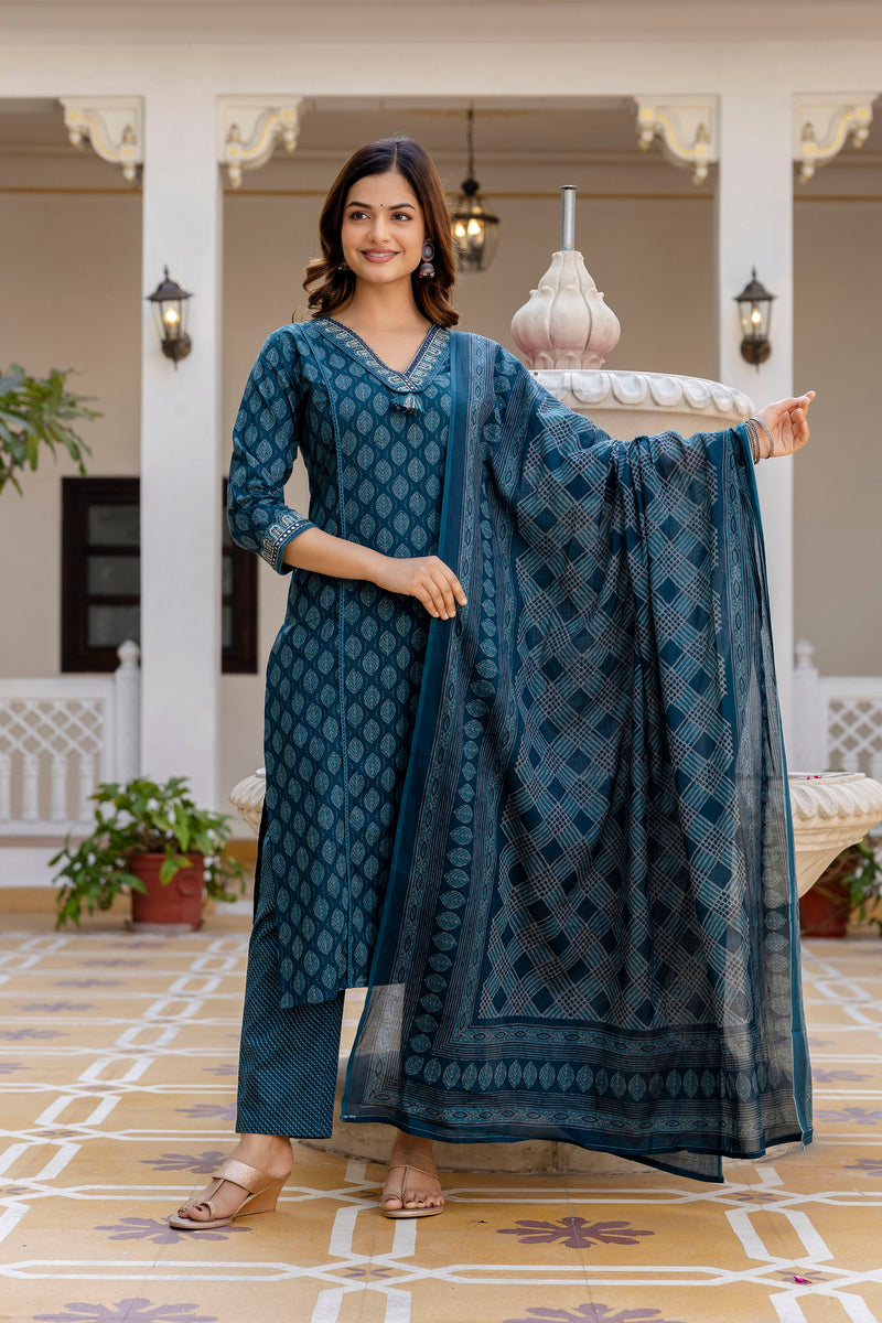 EthniFlair Floral Printed V-Neck Straight Kurta With Trousers And Dupatta