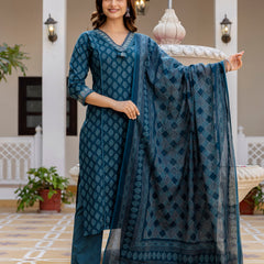 EthniFlair Floral Printed V-Neck Straight Kurta With Trousers And Dupatta