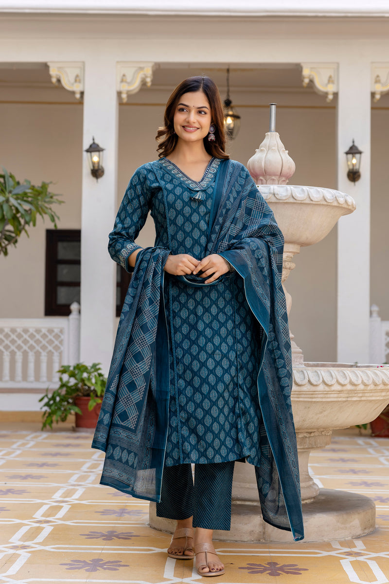EthniFlair Floral Printed V-Neck Straight Kurta With Trousers And Dupatta