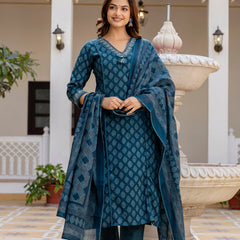 EthniFlair Floral Printed V-Neck Straight Kurta With Trousers And Dupatta