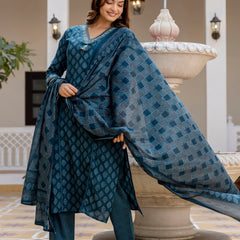 EthniFlair Floral Printed V-Neck Straight Kurta With Trousers And Dupatta