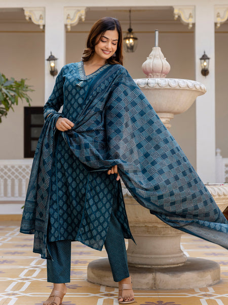 EthniFlair Floral Printed V-Neck Straight Kurta With Trousers And Dupatta