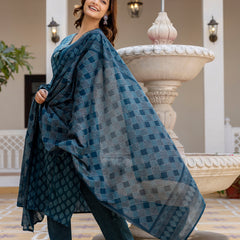 EthniFlair Floral Printed V-Neck Straight Kurta With Trousers And Dupatta
