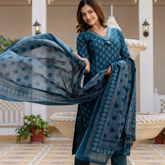 EthniFlair Floral Printed V-Neck Straight Kurta With Trousers And Dupatta