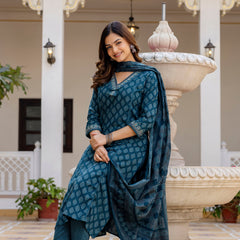 EthniFlair Floral Printed V-Neck Straight Kurta With Trousers And Dupatta