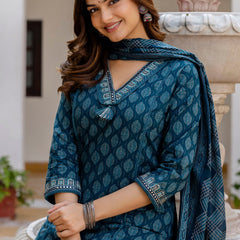 EthniFlair Floral Printed V-Neck Straight Kurta With Trousers And Dupatta