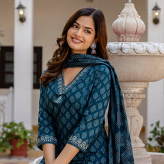 EthniFlair Floral Printed V-Neck Straight Kurta With Trousers And Dupatta