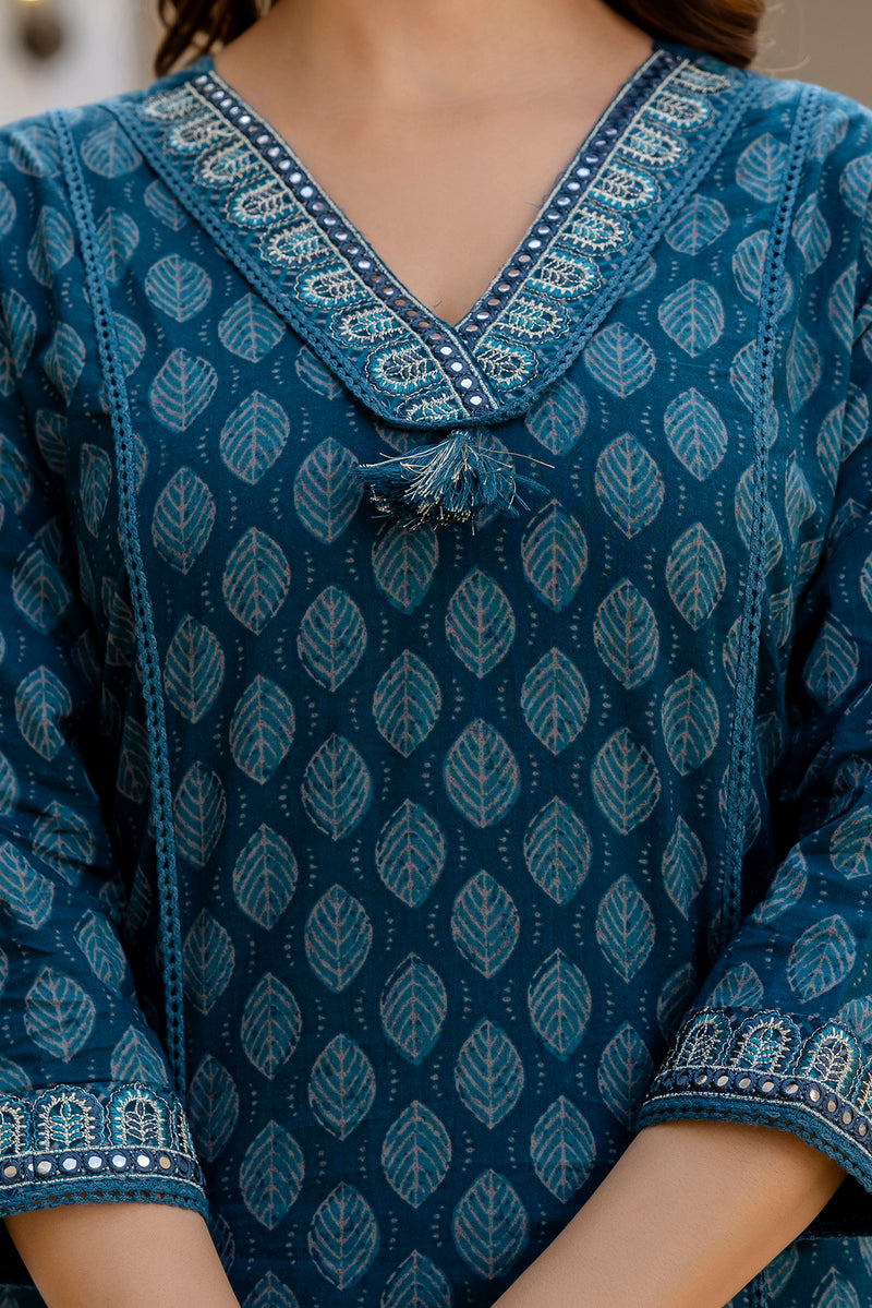 EthniFlair Floral Printed V-Neck Straight Kurta With Trousers And Dupatta