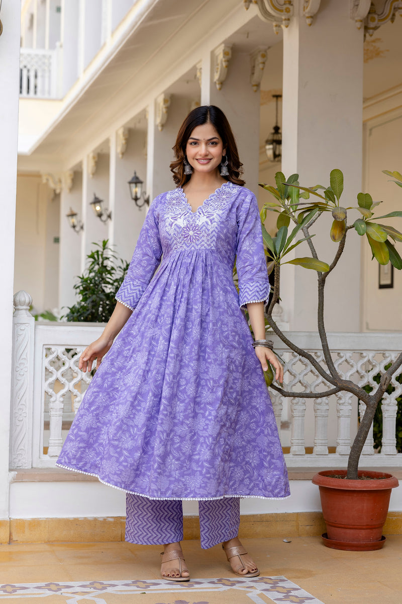 EthniFlair Floral Printed Thread Work Anarkali Kurta With Trousers And Dupatta