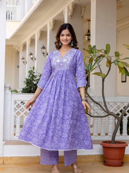 EthniFlair Floral Printed Thread Work Anarkali Kurta With Trousers And Dupatta