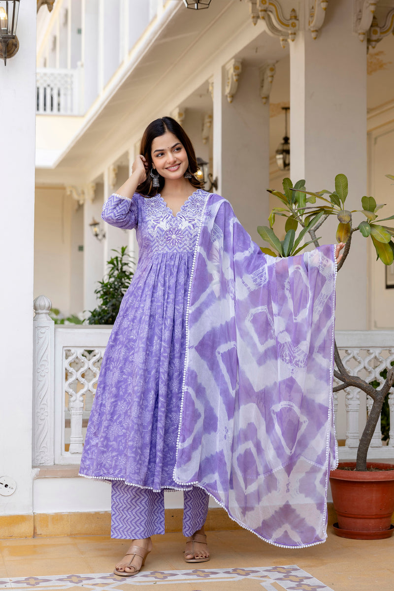 EthniFlair Floral Printed Thread Work Anarkali Kurta With Trousers And Dupatta