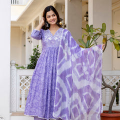 EthniFlair Floral Printed Thread Work Anarkali Kurta With Trousers And Dupatta