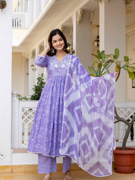 EthniFlair Floral Printed Thread Work Anarkali Kurta With Trousers And Dupatta