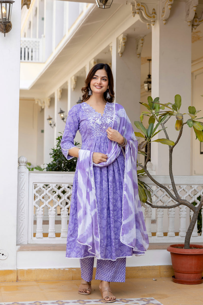 EthniFlair Floral Printed Thread Work Anarkali Kurta With Trousers And Dupatta