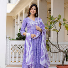 EthniFlair Floral Printed Thread Work Anarkali Kurta With Trousers And Dupatta