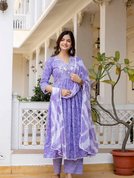 EthniFlair Floral Printed Thread Work Anarkali Kurta With Trousers And Dupatta