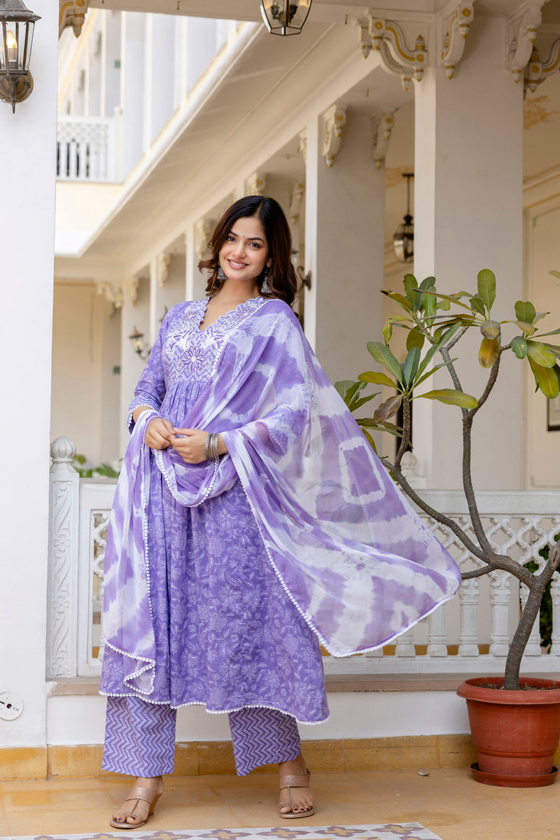 EthniFlair Floral Printed Thread Work Anarkali Kurta With Trousers And Dupatta
