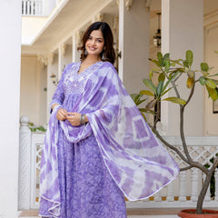 EthniFlair Floral Printed Thread Work Anarkali Kurta With Trousers And Dupatta