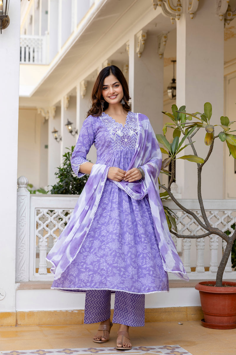 EthniFlair Floral Printed Thread Work Anarkali Kurta With Trousers And Dupatta