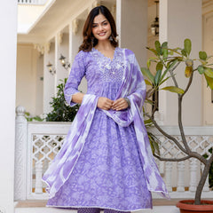 EthniFlair Floral Printed Thread Work Anarkali Kurta With Trousers And Dupatta