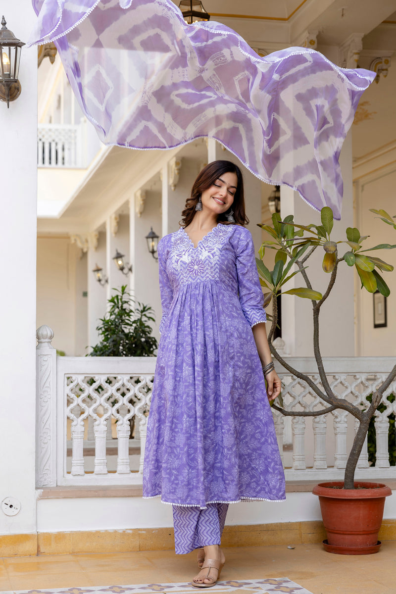 EthniFlair Floral Printed Thread Work Anarkali Kurta With Trousers And Dupatta