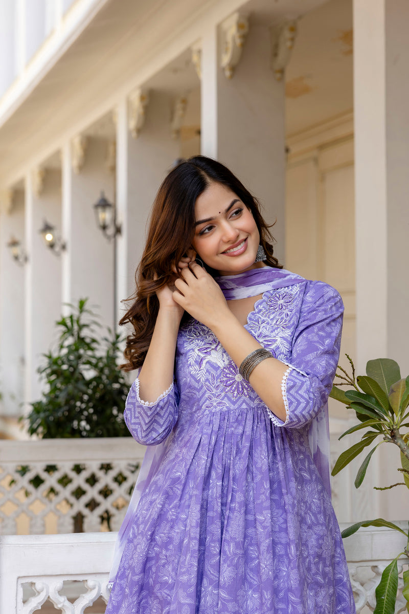 EthniFlair Floral Printed Thread Work Anarkali Kurta With Trousers And Dupatta