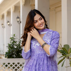 EthniFlair Floral Printed Thread Work Anarkali Kurta With Trousers And Dupatta