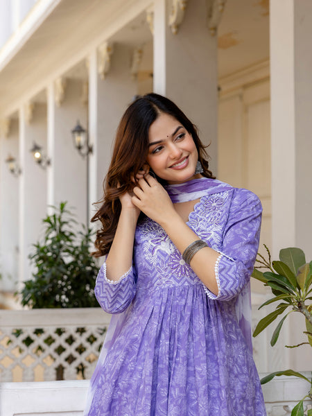 EthniFlair Floral Printed Thread Work Anarkali Kurta With Trousers And Dupatta