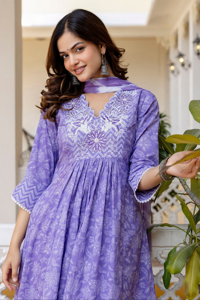 EthniFlair Floral Printed Thread Work Anarkali Kurta With Trousers And Dupatta