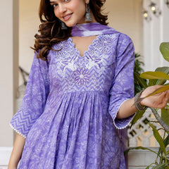 EthniFlair Floral Printed Thread Work Anarkali Kurta With Trousers And Dupatta