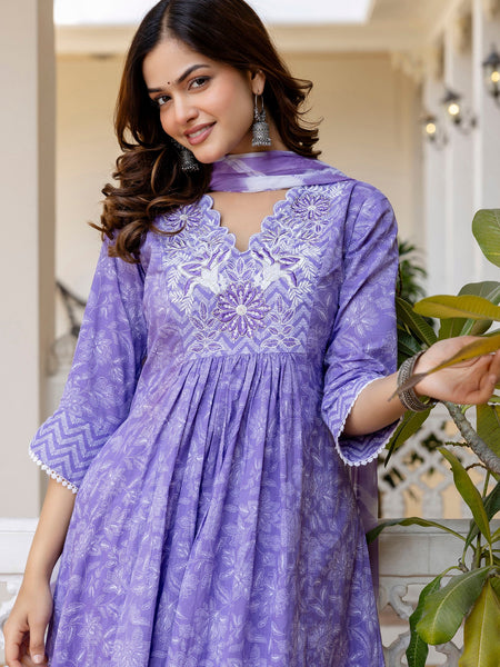 EthniFlair Floral Printed Thread Work Anarkali Kurta With Trousers And Dupatta