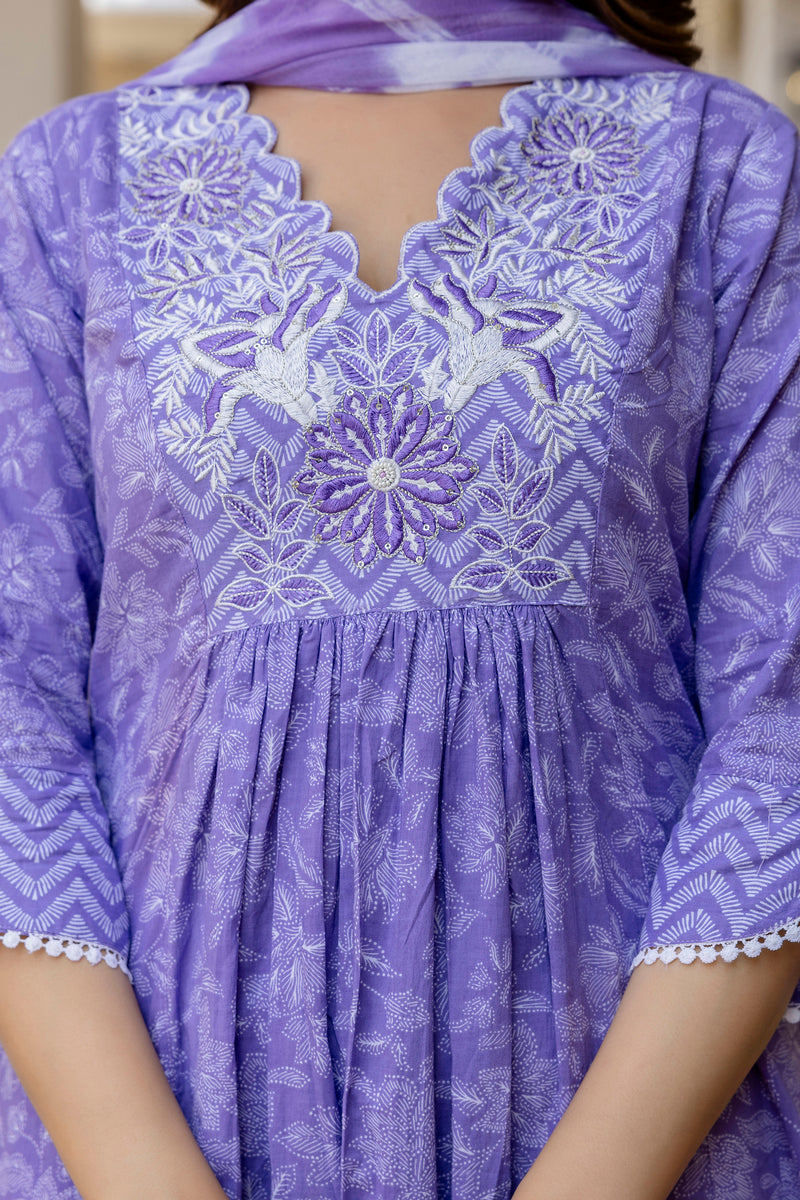 EthniFlair Floral Printed Thread Work Anarkali Kurta With Trousers And Dupatta
