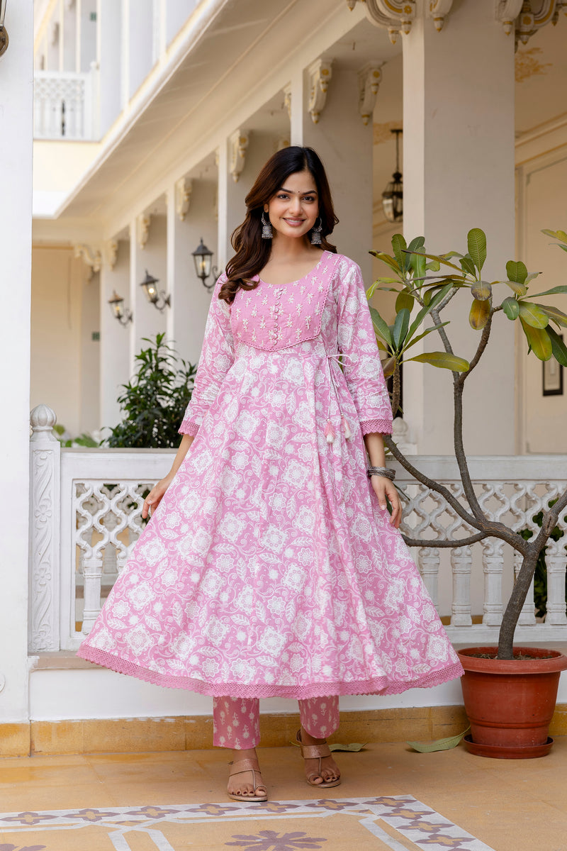 EthniFlair Floral Printed Round Neck Anarkali Kurta With Trousers And Dupatta