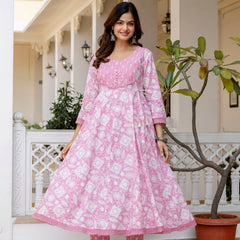EthniFlair Floral Printed Round Neck Anarkali Kurta With Trousers And Dupatta