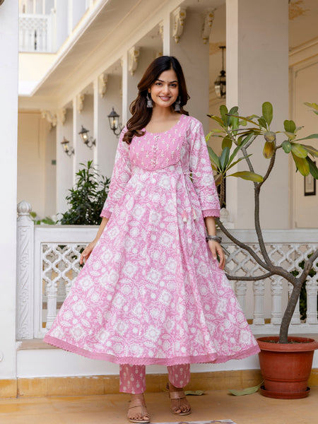 EthniFlair Floral Printed Round Neck Anarkali Kurta With Trousers And Dupatta