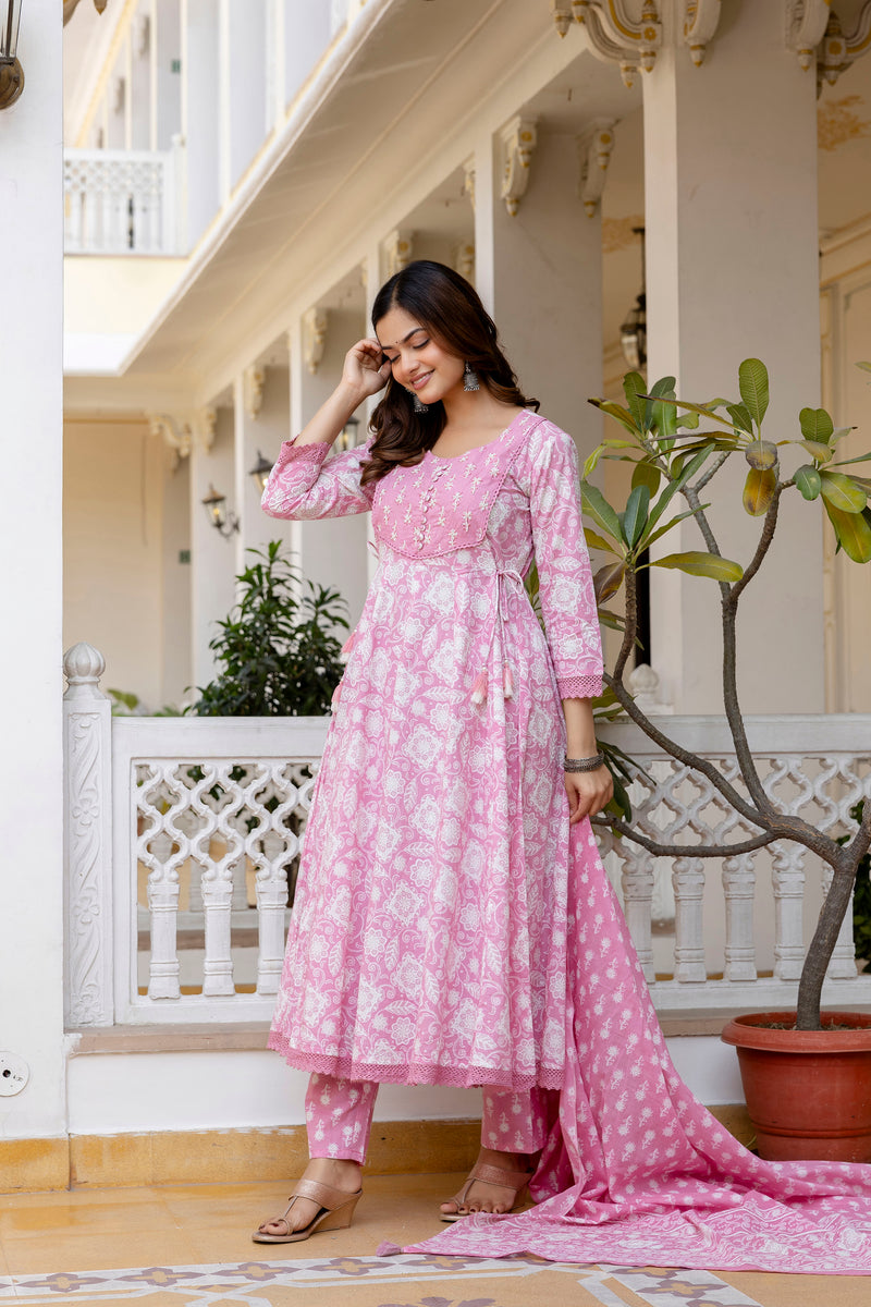 EthniFlair Floral Printed Round Neck Anarkali Kurta With Trousers And Dupatta