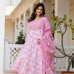 EthniFlair Floral Printed Round Neck Anarkali Kurta With Trousers And Dupatta