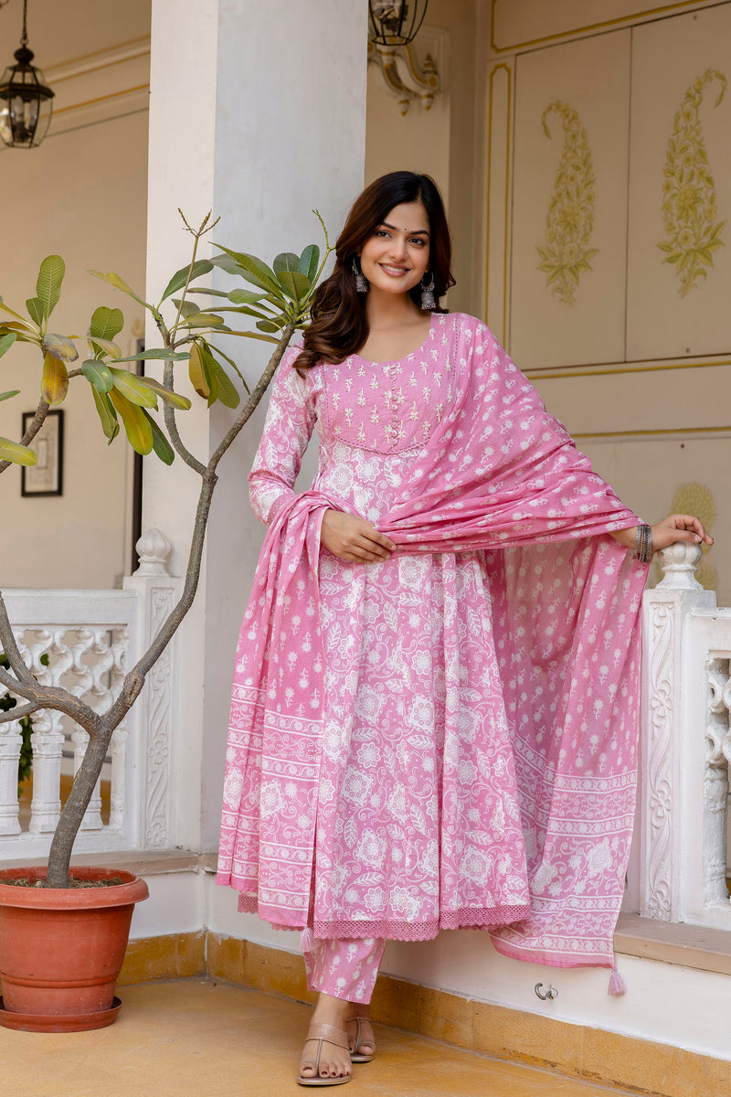 EthniFlair Floral Printed Round Neck Anarkali Kurta With Trousers And Dupatta