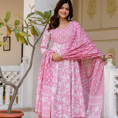 EthniFlair Floral Printed Round Neck Anarkali Kurta With Trousers And Dupatta