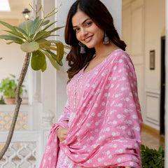 EthniFlair Floral Printed Round Neck Anarkali Kurta With Trousers And Dupatta