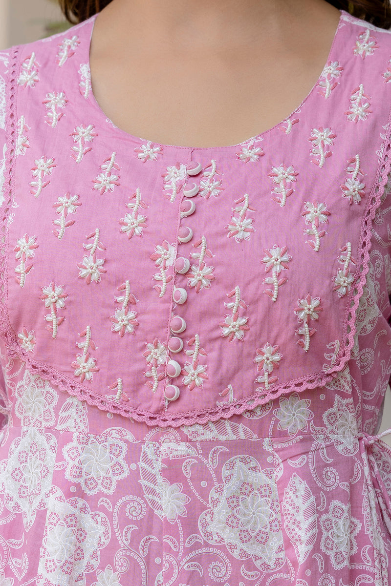 EthniFlair Floral Printed Round Neck Anarkali Kurta With Trousers And Dupatta