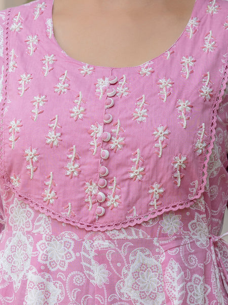 EthniFlair Floral Printed Round Neck Anarkali Kurta With Trousers And Dupatta