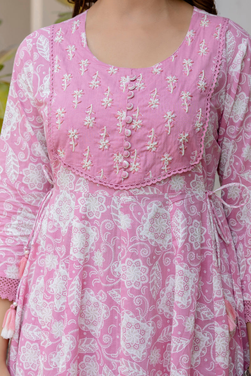 EthniFlair Floral Printed Round Neck Anarkali Kurta With Trousers And Dupatta