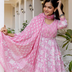 EthniFlair Floral Printed Round Neck Anarkali Kurta With Trousers And Dupatta