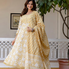 EthniFlair Floral Printed Round Neck Anarkali Kurta With Trousers And Dupatta