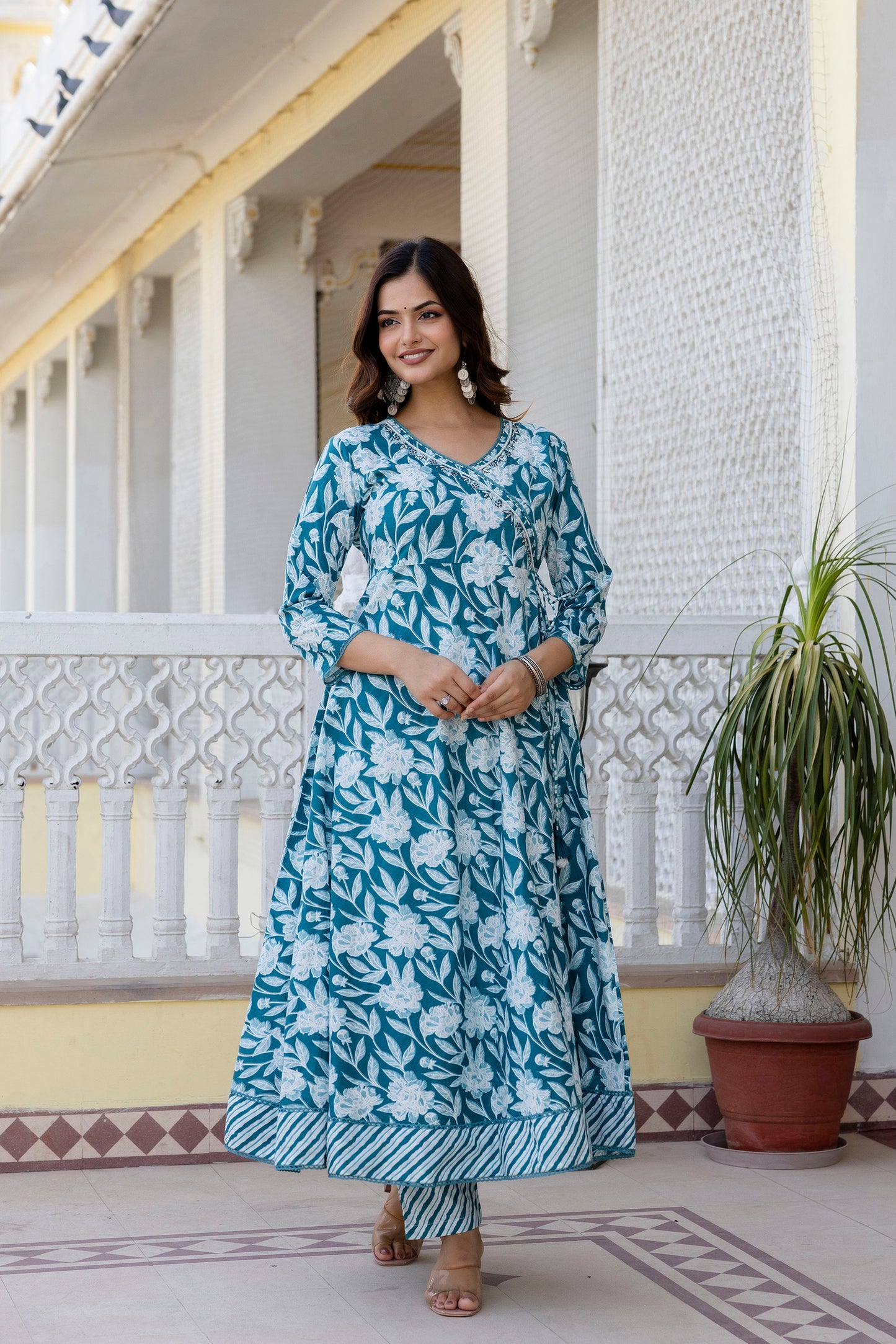 EthniFlair Women Floral Embroidered Angrakha Aari Work Pure Cotton Kurta with Trousers & With Dupatta