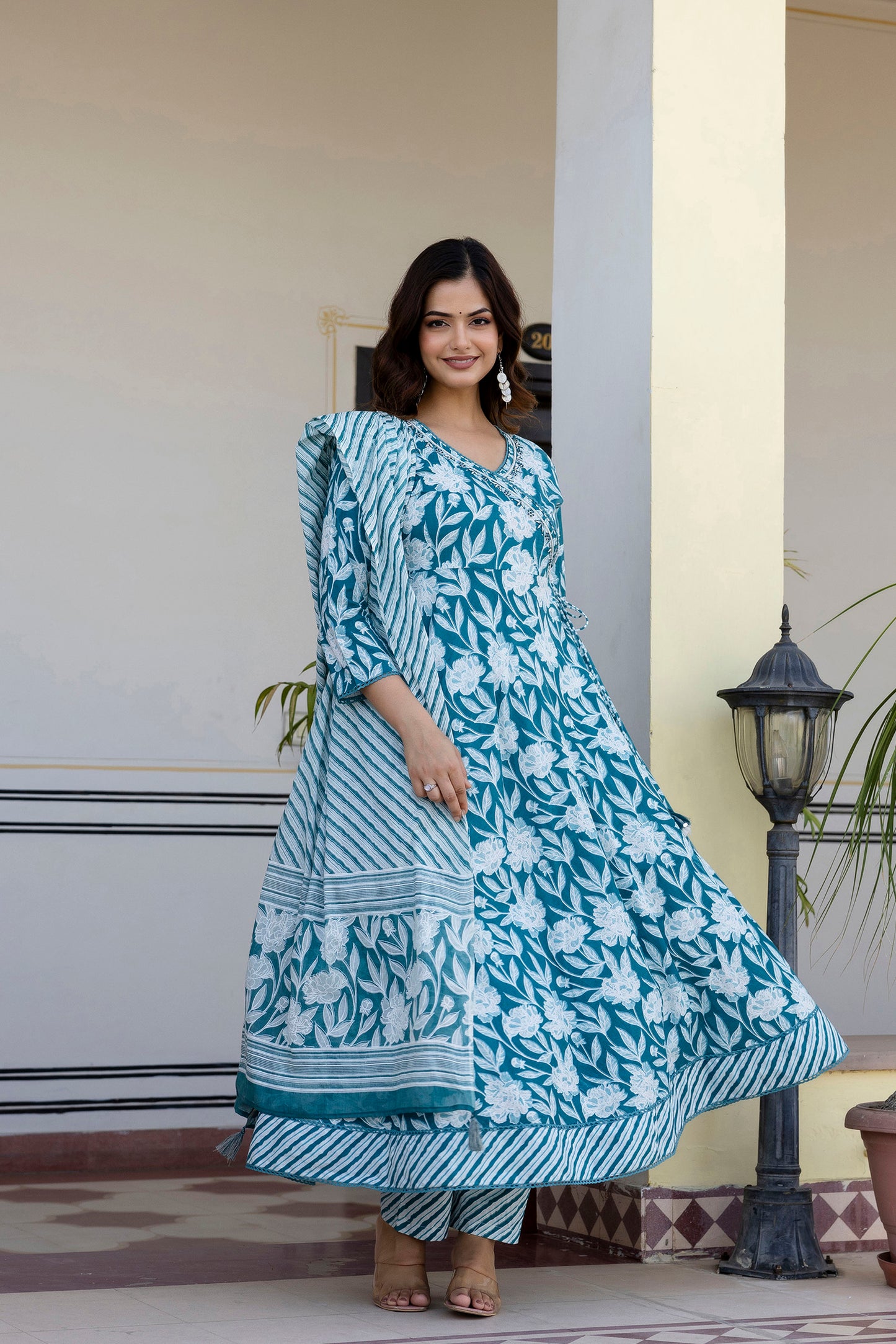 EthniFlair Women Floral Embroidered Angrakha Aari Work Pure Cotton Kurta with Trousers & With Dupatta